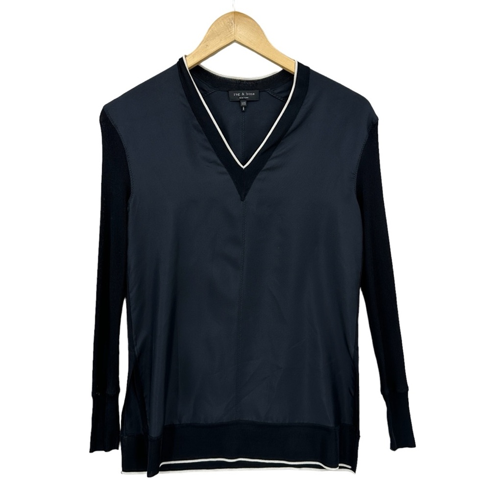 RAG & BONE Silk Blouse Knit Pullover V-Neck Long Sleeve Black